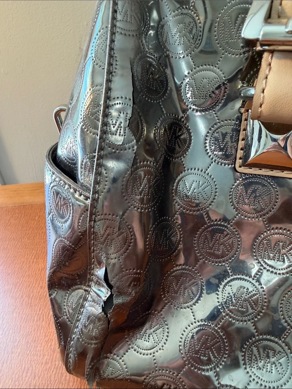 Michael Kors Metallic Silver Satchel with Cream Handles